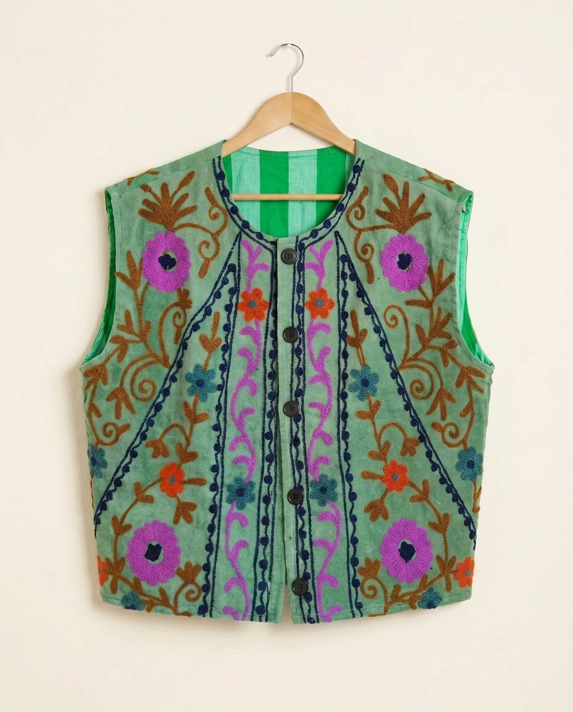 Gilet Réversible en velours brodé – vert