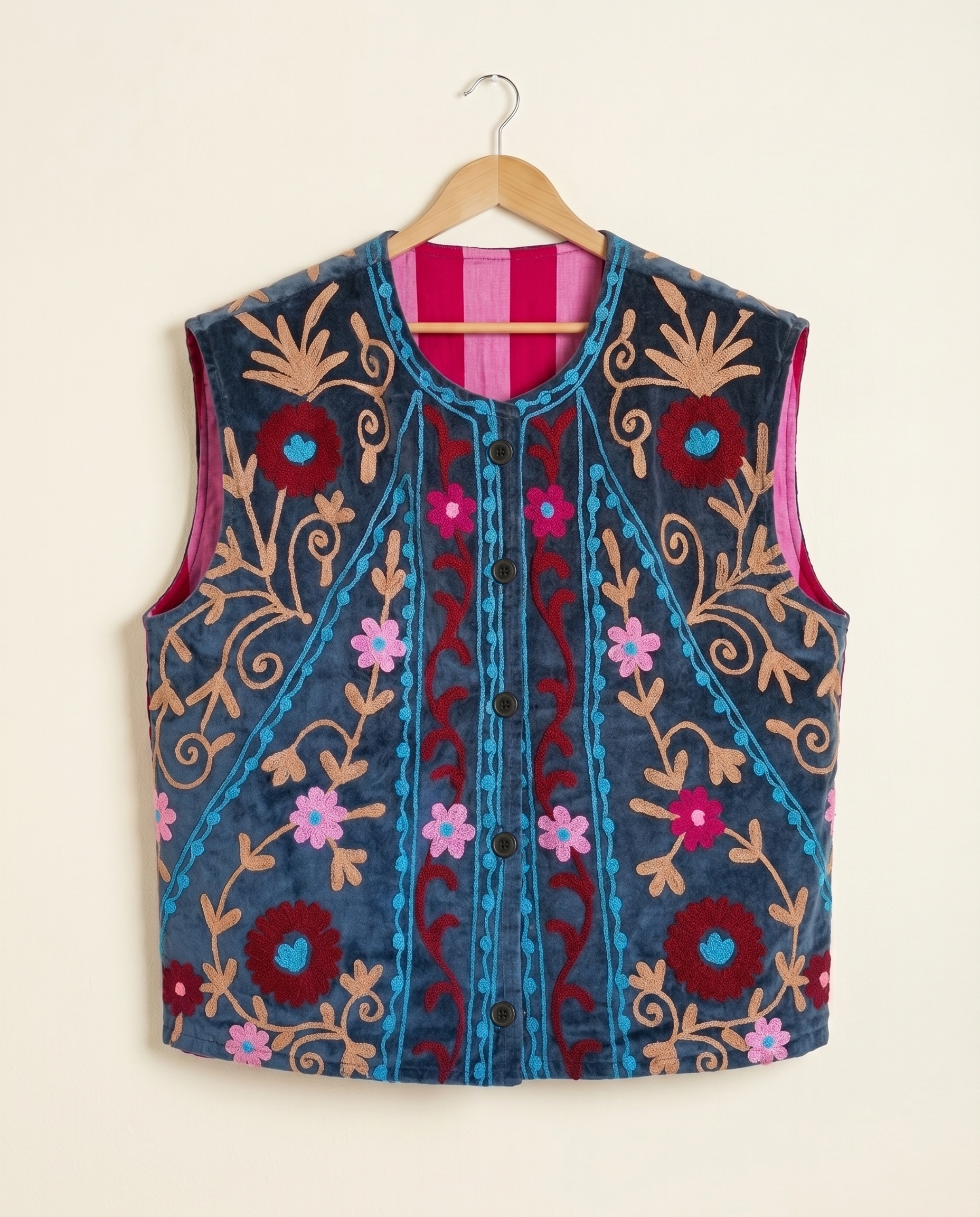 Gilet Réversible en velours brodé – Gris Foncé Bleuté