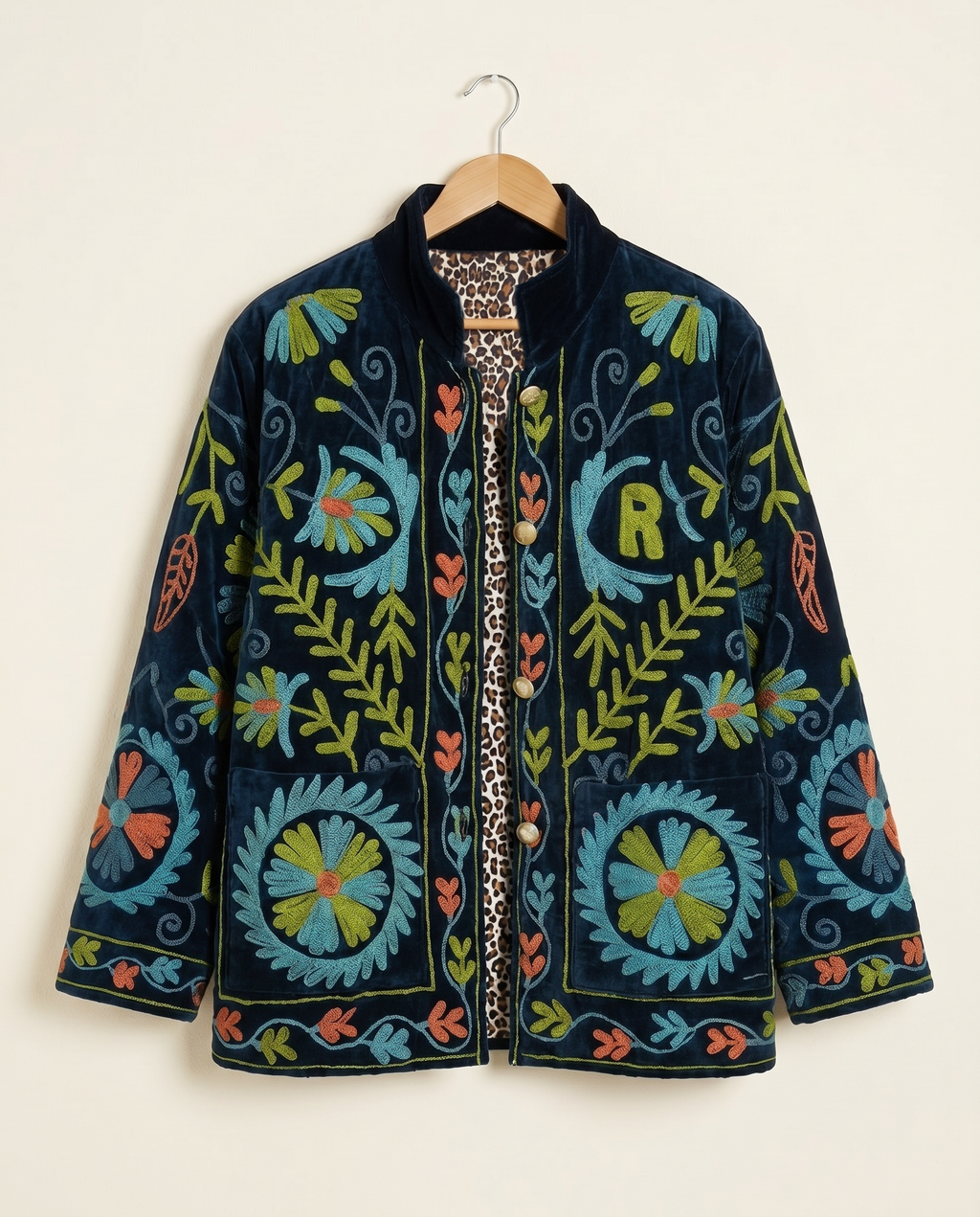 Veste en velours brodé Tara - Noire Bleutée