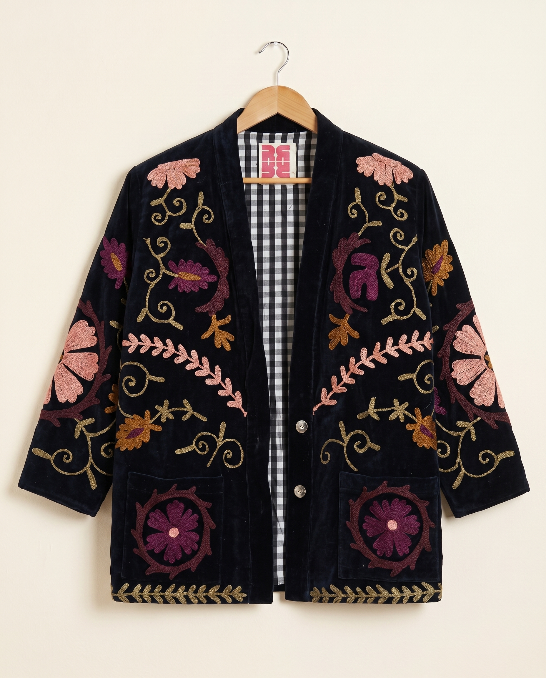 Veste Kimono en velours brodé - Noir