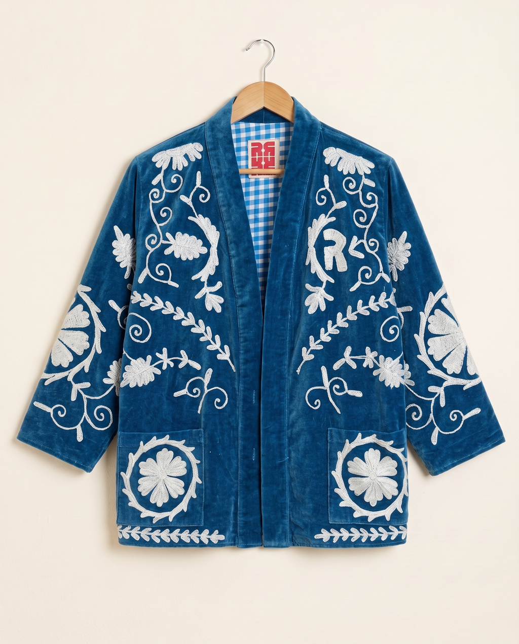 Veste Kimono en velours brodé - Bleu