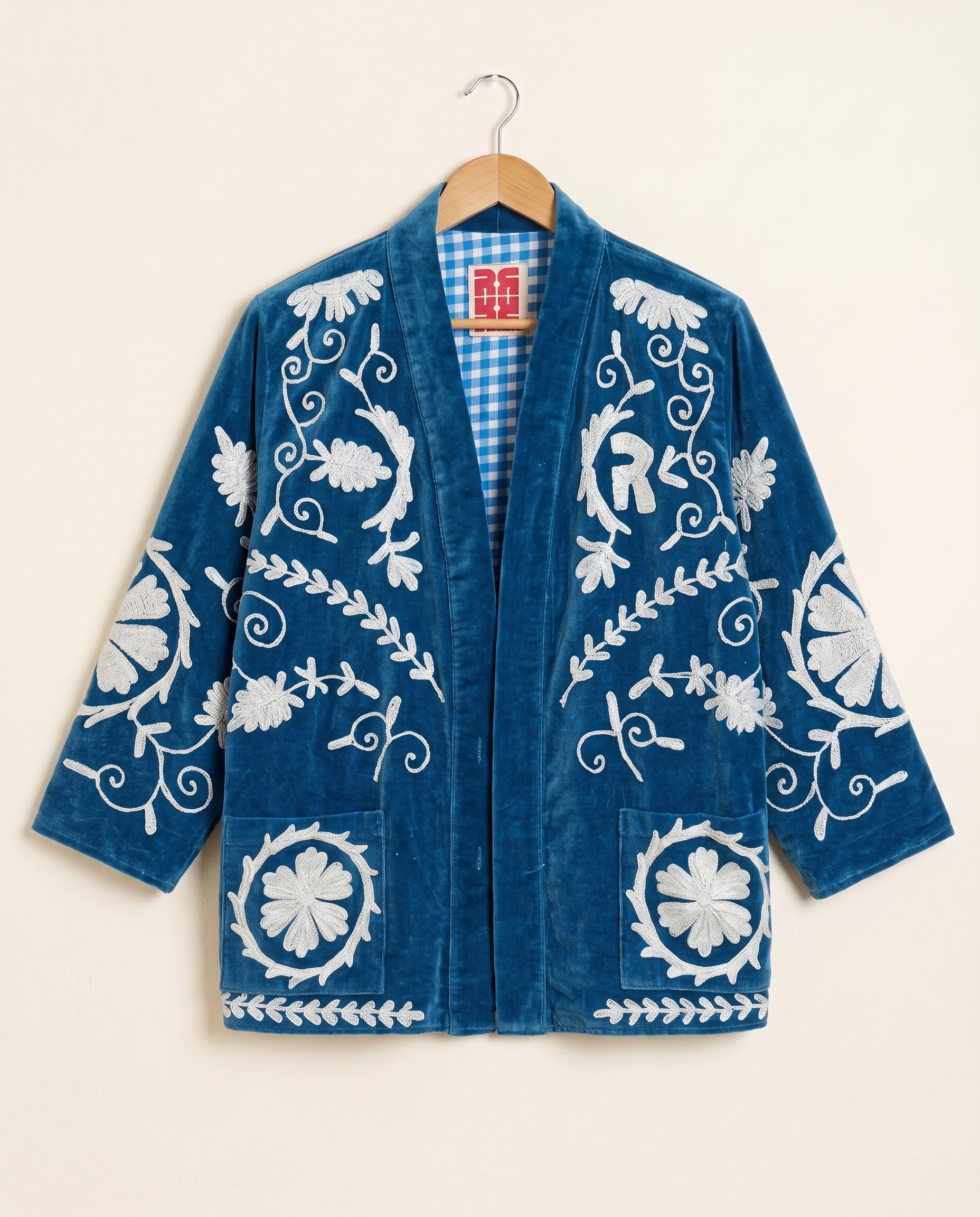 Veste Kimono en velours brodé - Bleu
