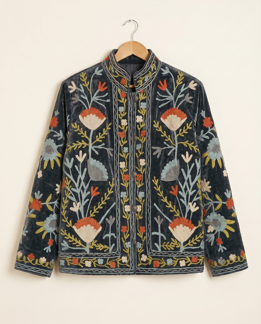 Veste en velours brodé Tara - Noire Bleutée