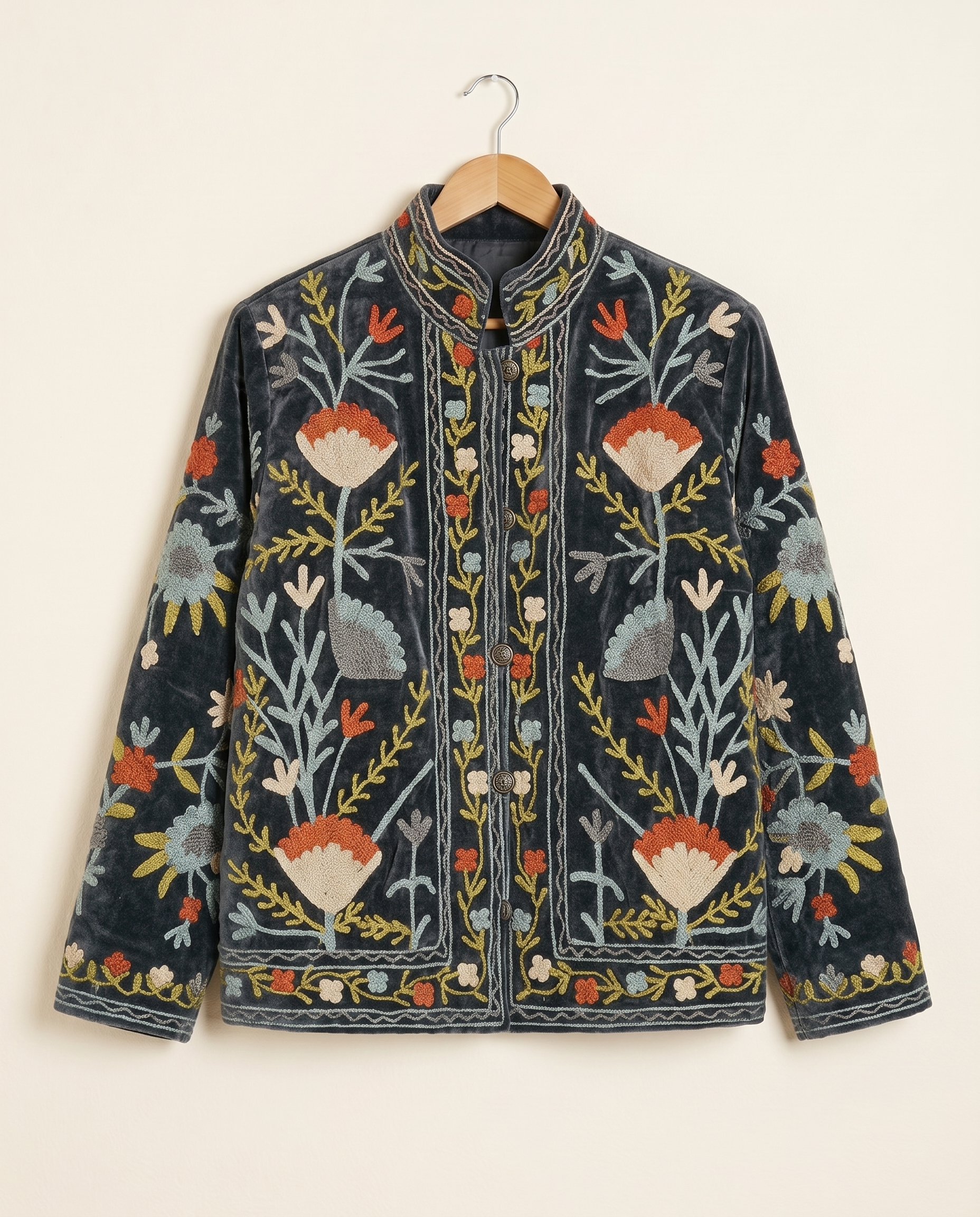 Veste en velours brodé Tara - Noire Bleutée