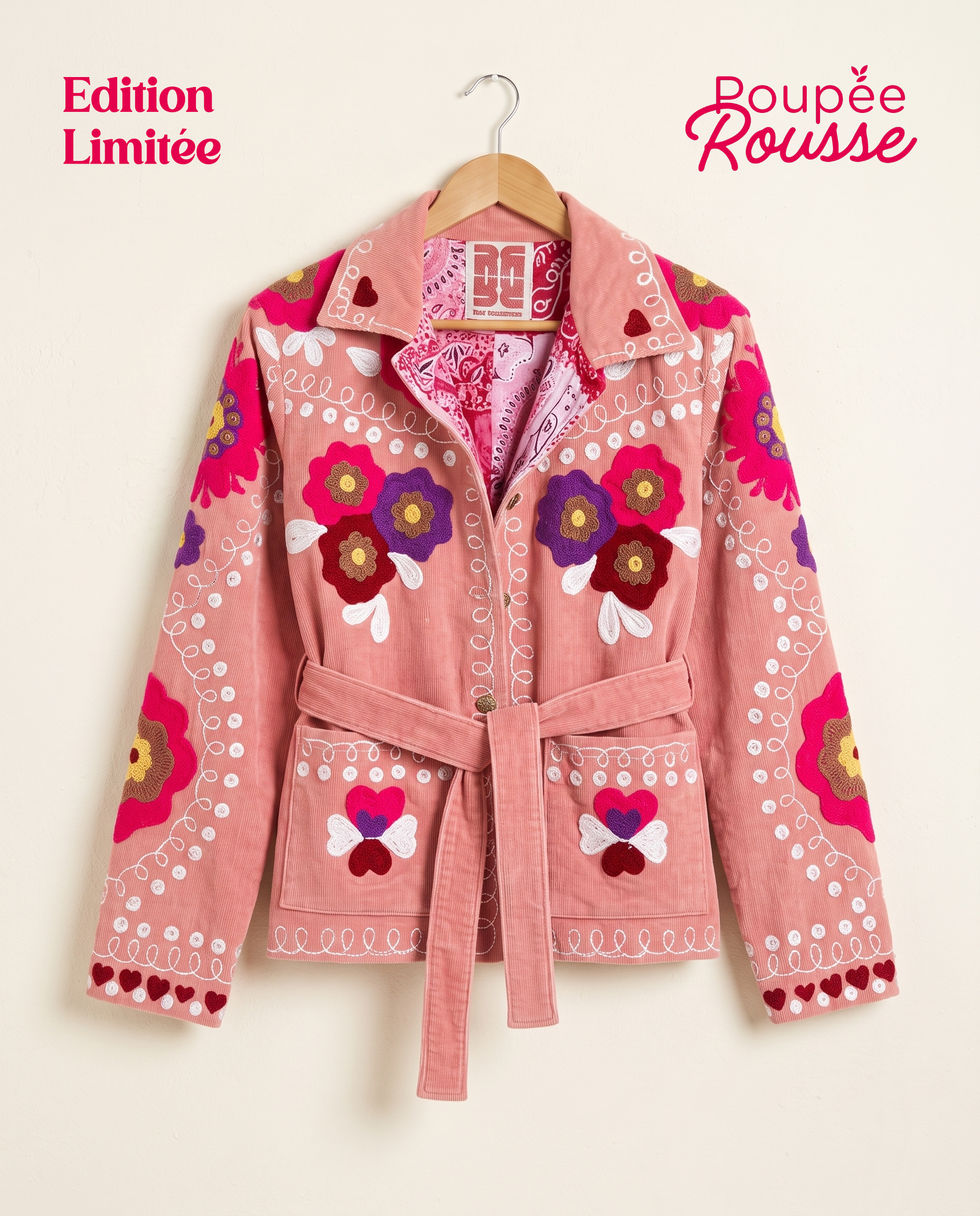 Veste en velours brodé Poupée Rousse × Red Macchiato – Rose Pêche