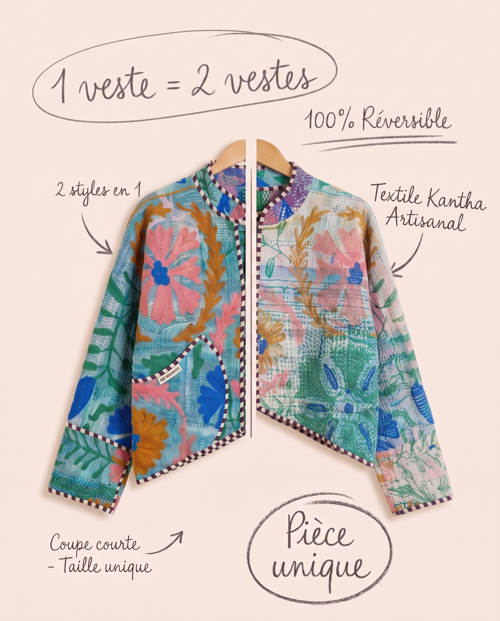 Veste Courte en Kantha Brodé Réversible — Pièce Unique N°15