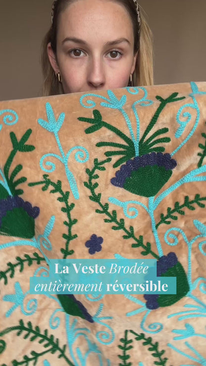 Veste Brodée BEIGE, velours & broderies bleu vert