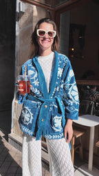 Veste Kimono en velours brodé - Bleu